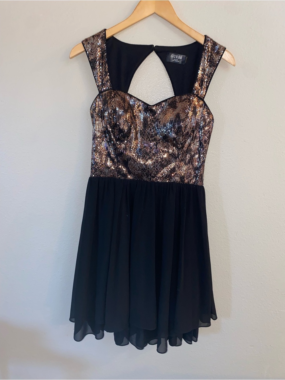 GUESS Aurelia Sequin Chiffon Cutout Mini Dress Black Gold Small